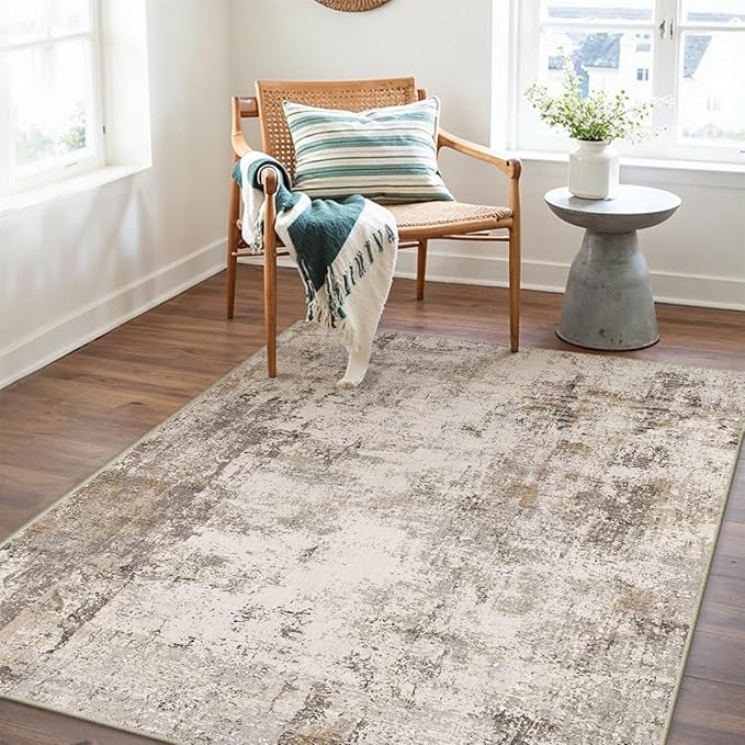 3x5 Washable Area Rug Brown Grey Neutral Abstract Entryway Kitchen Non Slip Low Pile Throw Rug Living Room Bedroom Indoor Doormat Small Soft Carpet for Entrance Bathroom