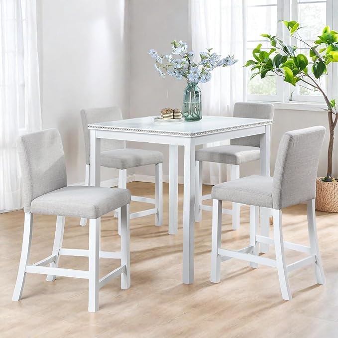 Dining Table Set for 4, 5-Piece Dining Room Table Set with Square Crystal Decoration Table & 4 Upholstered Backrest Chairs, Counter Height Kitchen Sets with Wood Grain & Footrest, White
