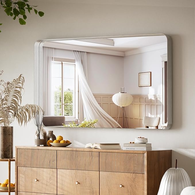 Bathroom Mirror 30x48 inch, Silver Gorgeous Deep Frame Wall Mirror, Modern Round Corner Bathroom Vanity Mirror for Bedroom, Living Room, Hanging or Leaning Horizontal or Vertical, Silver