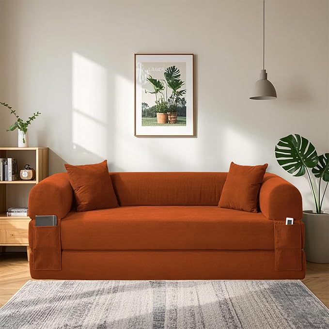 80" Convertible Sofa Bed, 3-in-1 Corduroy Folding Pull Out Couch with Pillows, No Assembly Modern Boneless Couch Compression Sofa in Box, Floor Sofa with Side Storage Pocket for Living Room, Orange