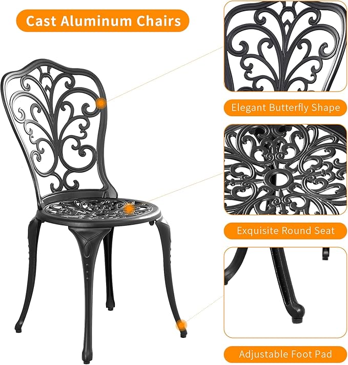 Outdoor Bistro Set 3 Piece Patio Bistro Set, Cast Aluminum Bistro Table and Chairs Set of 2, Small Patio Table Set for Porch, Black