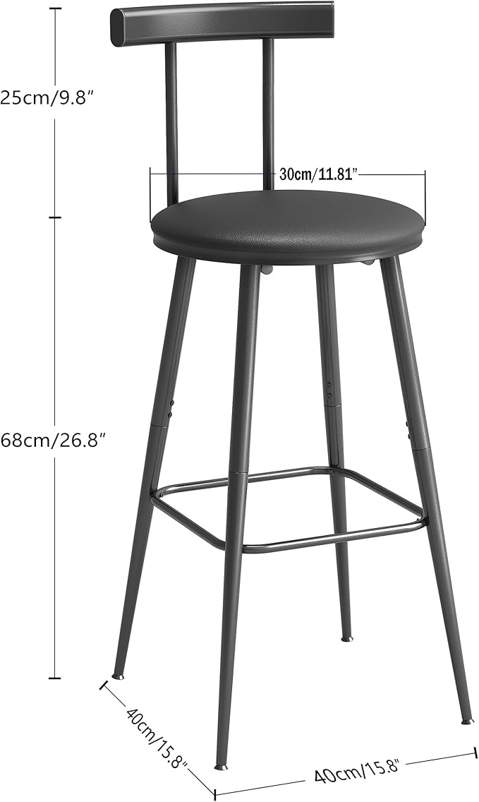 Bar Stools, Set of 2 High Kitchen Barstools, Bar Chairs with Backrest and Footrest, Industrial Counter Stools with PU Soft seat, for Kitchen, Living Room, Pub, Black BS-013BK