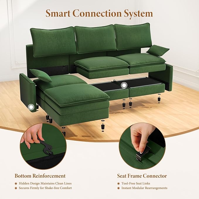 Vesgantti Large Modular Sectional Sofa, Big Comfy Cloud Couch with Ottoman Deep Seat Chenille Cloud Sofa, 8 Seater Large Sectional Couches for Living Room, Bedroom and Apartment, Green