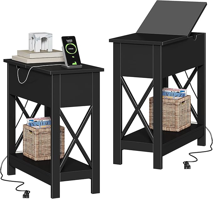 ChooChoo End Table with Charging Station, Narrow Flip Top Side Table with USB Ports & Power Outlets for Small Spaces, Nightstand Sofa Table for Living Room, Bedroom, Black, 2 Pack