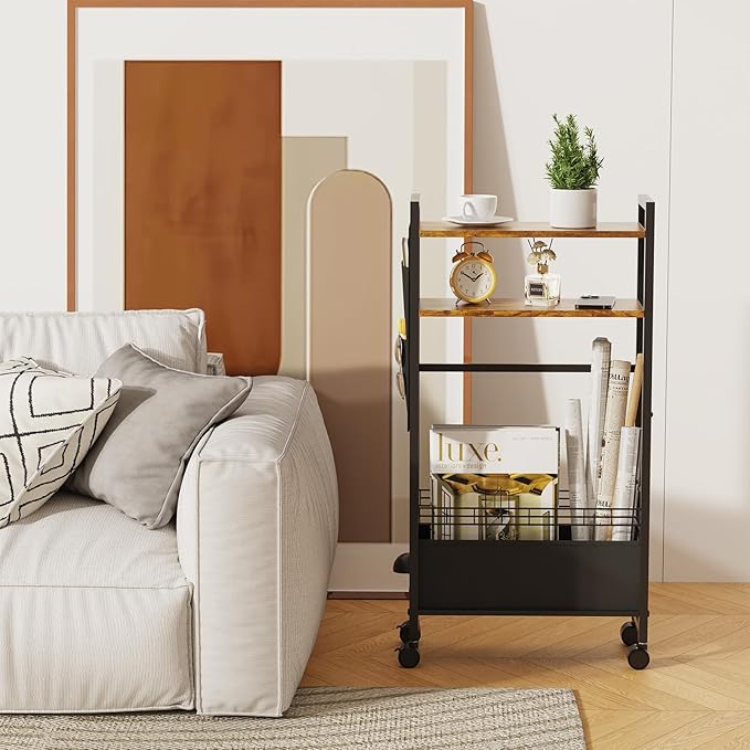Narrow Side Tables with Drawer for Small Spaces, Small End Table Slim Nightstand with Wheels, Space Saving Skinny Thin Bedside Sofa Coffee Desk with Storage Bag for Bedroom Living Room Couch