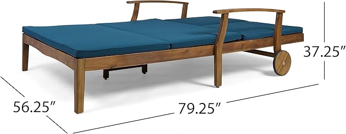 Christopher Knight Home Samantha Double Chaise Lounge for Yard and Patio, Acacia Wood Frame, Teak Finish with Blue Cushions