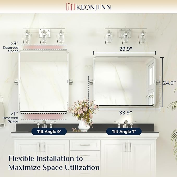 Keonjinn 24x30 in Brushed Pivot Mirror, Tilt Beveled Mirror Bathroom, Rectangular Sturdy Modern Silver Tilt Mirrors, Rounded Corner Aluminum Framed Vanity Mirrors for Wall (Horizontal/Vertical)