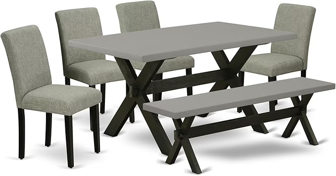 East West Furniture X696AB106-6 6 Piece Dining Room Set Contains a Rectangle Dining Table with X-Legs and 4 Shitake Linen Fabric Parson Chairs with a Bench, 36x60 Inch, Multi-Color