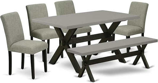 East West Furniture X696AB106-6 6 Piece Dining Room Set Contains a Rectangle Dining Table with X-Legs and 4 Shitake Linen Fabric Parson Chairs with a Bench, 36x60 Inch, Multi-Color