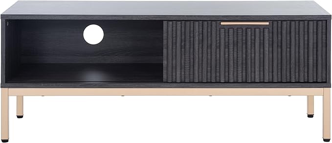 SAFAVIEH Lylia TV Stand for up to 55" Flatscreen – Distressed Black with Gold Legs & Handle, 1 Sliding Door, 1 Open Shelf, Entertainment Media Console (MED9617E)