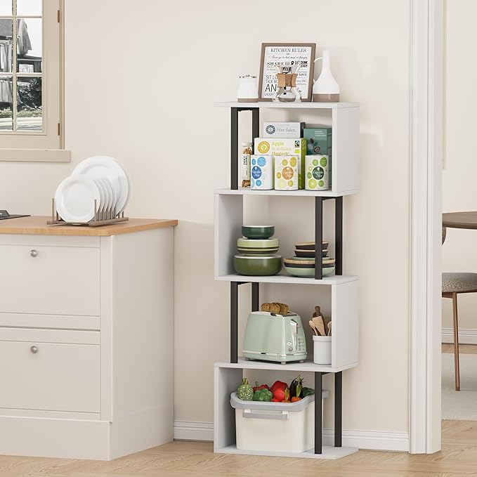 Gadroad 4-Tier Bookshelf, Narrow S-Shaped Geometric Bookcase, Wood Decorative Storage Shelving, Modern Freestanding Display Shelves, Book Shelf Unit for Living Room Bedroom Home Office, White