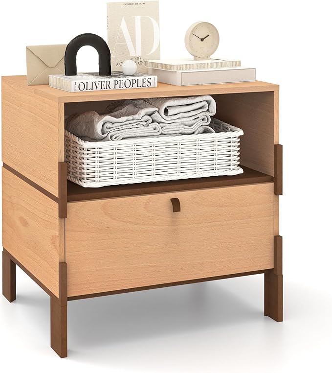 SBS-AL-21-1 Sebastack Night Stand, Customizable 2 Drawers Bedside Table, End Table, Side Table for Bedroom, Dormitory, Mid-Century Style Wood Chest of Furnitures, Beech Color
