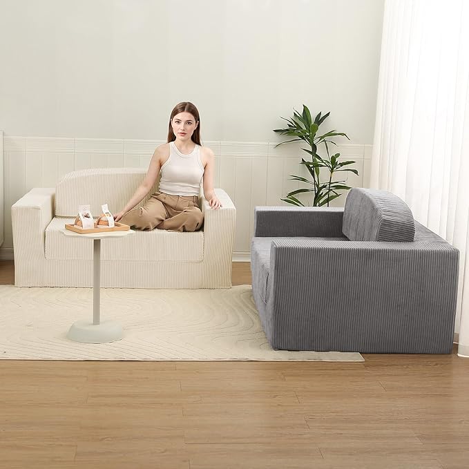 MeMoreCool Convertible Sofa Bed, Pull Out Loveseat Sleeper Sofa Beige, Small Boneless Cloud Couch Bed for Adults, Fold Out Foam Love Seat, Corduroy Folding Floor Couch for Bedroom