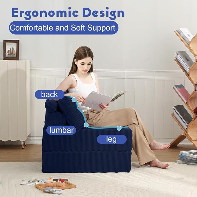 MeMoreCool Instant Guest-Ready Comfort — Convertible Folding Sofa Bed Chair with Pillow for Small Spaces & dorms, Removable Machine-Washable Cover, no Assembly, Space-Saving Floor futon, Navy