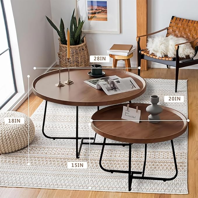 Round Nesting Coffee Table Set of 2, 28" Round Walnut with Fluted,Mid Century Modern,Center for Living Room Bedroom Office Balcony Yard