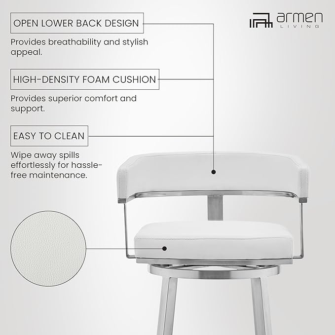 Armen Living Lorin Modern 30" Seat Height White Faux Leather and Brushed Stainless Steel Metal Swivel Bar Stool for Kitchen Island Counter