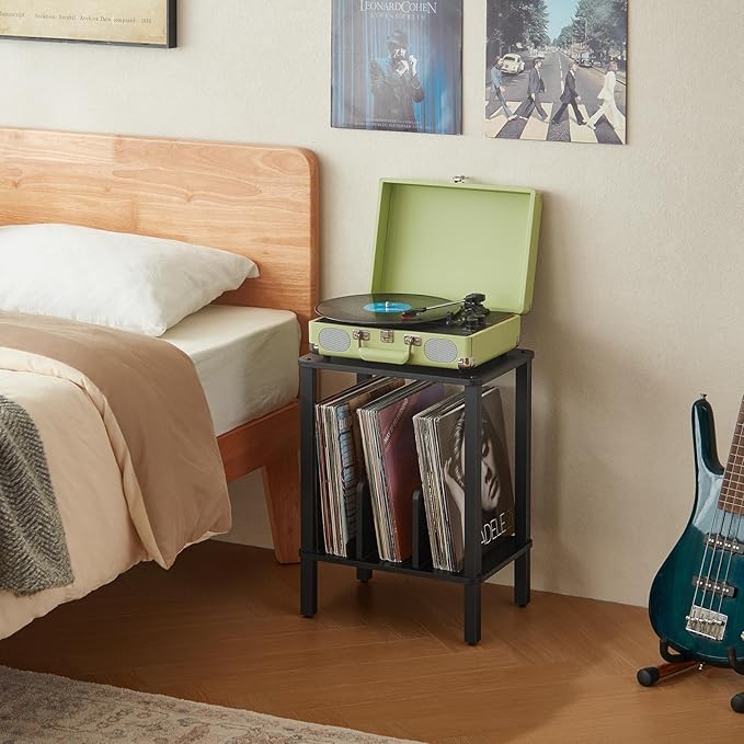 LELELINKY 2-Tier Bamboo Record Player Stand Set of 2 with Vinyl Record Storage up to 100 Albums, Boho Bedroom Record Holder and Multi-Functional End Table for Living Room, Black