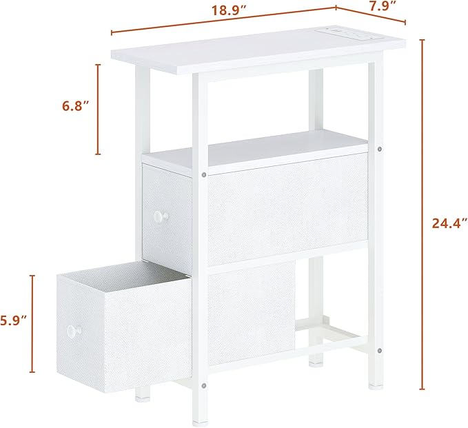 End Table Set 2 with Charging Station, Narrow Side Table with 2 Fabric Drawers, Skinny Nightstand with LED Light, Slim Bedside Table for Bedroom, Living Room, Small Spaces, White