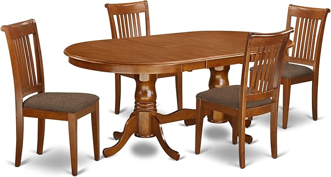 East West Furniture PLPO5-SBR-C 5 Piece Kitchen Table Set for 4 Includes an Oval Dining Room Table with Butterfly Leaf and 4 Linen Fabric Upholstered Chairs, 42x78 Inch, Saddle Brown
