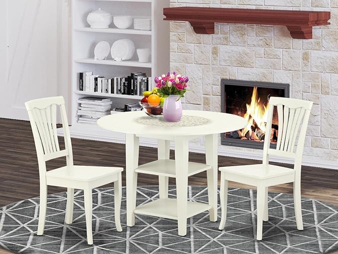 East West Furniture SUAV3-LWH-W 3 Piece Dining Room Table Set Contains a Round Kitchen Table with Dropleaf & Shelves and 2 Dining Chairs, 42x42 Inch, Linen White