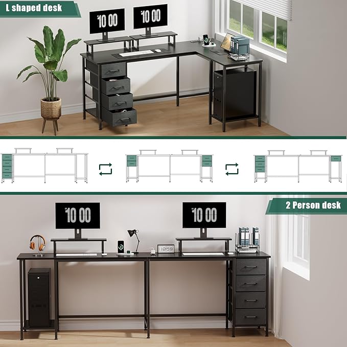 59 inch L Shaped Computer Desk with Power Outlets, Home Office Desk with 4 Adjustable Storage Drawers & 2 Monitor Stands, Two Person Gaming Table for Bedroom, Black