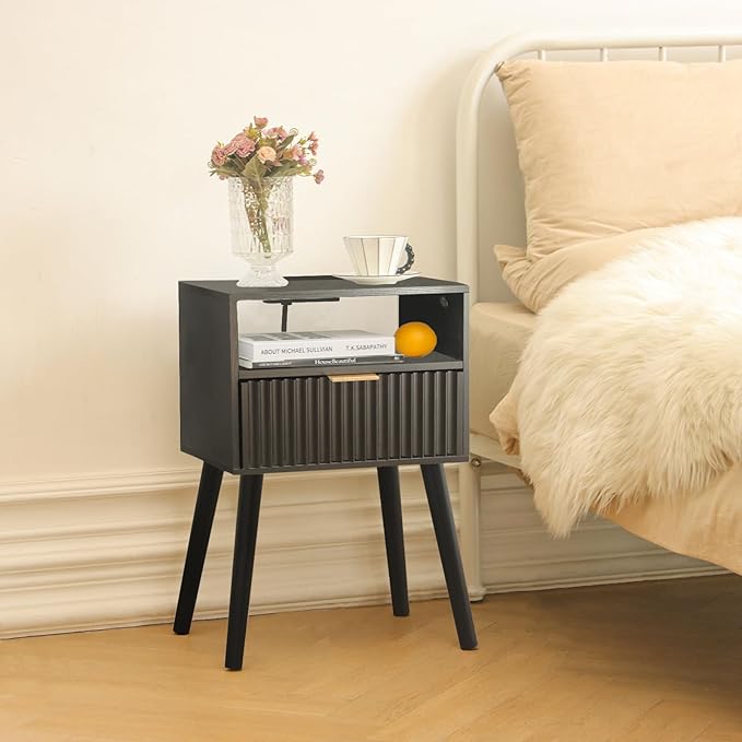 Black Nightstand with Charging Station, Mid Cetury Modern Nightstand with Drawers, Fluted End Side Table with Solid Wood for Bedroom, Dorm and Small Space (Black)