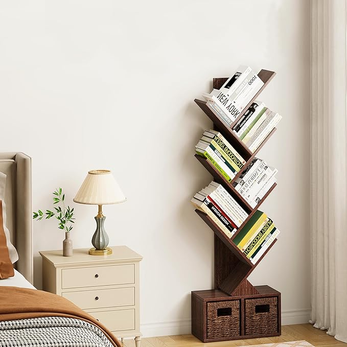 Vagusicc Tree Bookshelf, 6 Tier Bookshelf with Storage, Tall Narrow Bookcase, Rustic Wood Book Storage Rack for CDs/Books, Small Book Organizer Shelves for Bedroom Living Room, Home Office, Brown