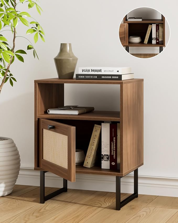 Rattan Nightstand, Mid Century Modern Night Stand,Boho Farmhouse Wood Bedside Table with Storage and Open Shelf, End Side Accent Table for Bedroom,Living Room,Walnut