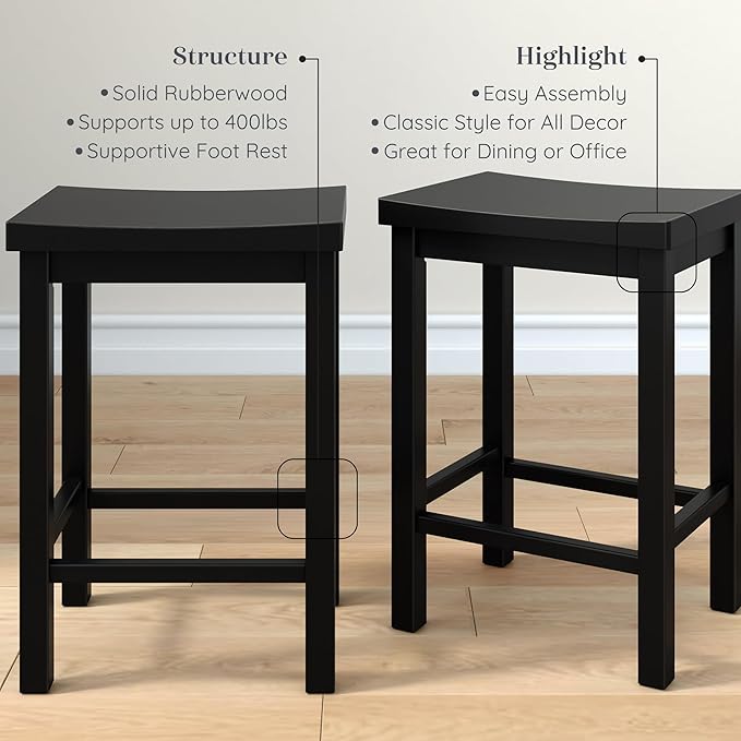 Grain & Grove Smith Collection Set of 2 Solid Wood Counter Height Bar Stools, 24-Inch Saddle Seat Backless Stools, Ideal for Kitchen Island, Dining, or Home Bar Seating, Black