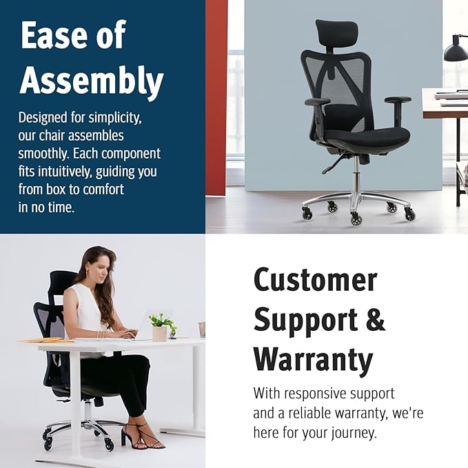 Duramont Ergonomic Office Chair - Adjustable Desk Chair with Lumbar Support and Rollerblade Wheels - High Back Chairs with Breathable Mesh - Thick Seat Cushion, Head, and Arm Rests - Reclines