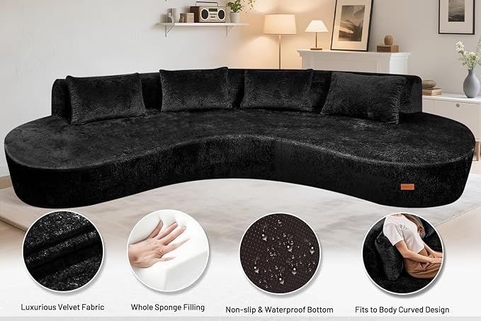 Homguava 130'' Modular Sectional Sofa,Curved Modern Sofa with Memory Foam,Deep Seat Cloud Couch with 4 Pillows,Upholstered Oversized Couches for Living Room Apartment Office,No Assembly Required-Black