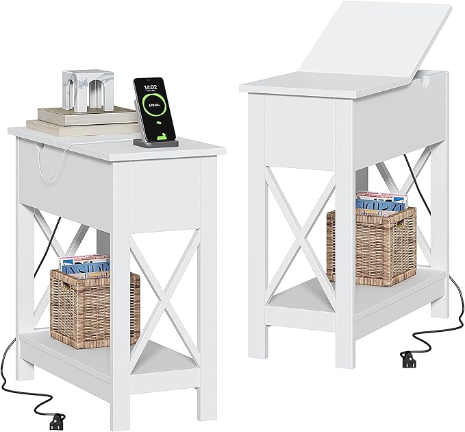 ChooChoo End Table with Charging Station, Narrow Flip Top Side Table with USB Ports & Power Outlets for Small Spaces, Nightstand Sofa Table for Living Room, Bedroom, White, 2 Pack