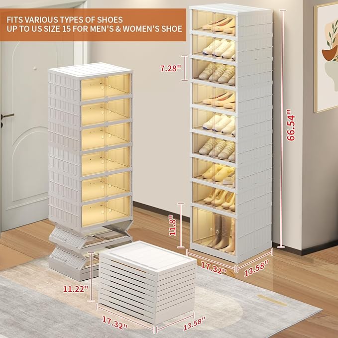 9 Tier Foldable Shoe Rack Organizer for Closet 18-36Pairs Plastic Collapsible Shoe Racks Shelf Stackable Clear Folding Shoes Storage boxes for Small Spaces Narrow Shoe Storage Cabinet