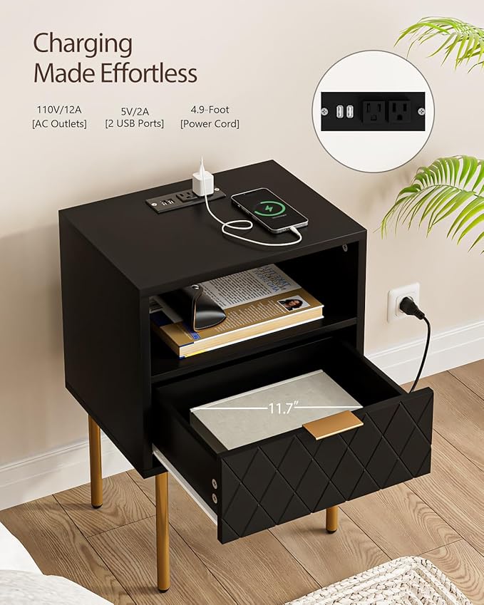 Nightstand,Small Bedside Table with Gold Frame,Morden Night Stand with 2 Drawer,End Table,Side Table with Drawer and Shelf for Bedroom,Living Room (Black-Diamond-Outlet)