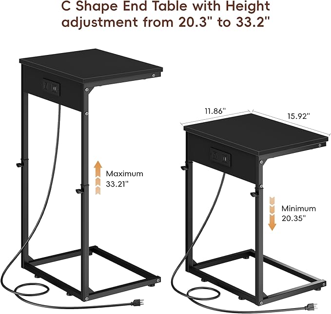 Vagusicc C Shaped End Table with Charging Station, Adjustable Height Side Table for Couch,Small Side Table Small Spaces, 33.2'' Tall Couch Tables that Slide Under, Tv Tray Table for Living Room, Black