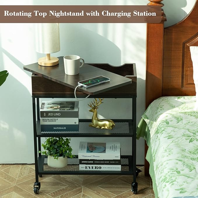 Hadulcet End Table with Charging Station & Rotating Top, Couch End Table, Rotating Swivel Top Side Table for Living Room & Bedroom, Narrow Rolling Side Table on Wheels, Skinny Nightstand, Black Walnut