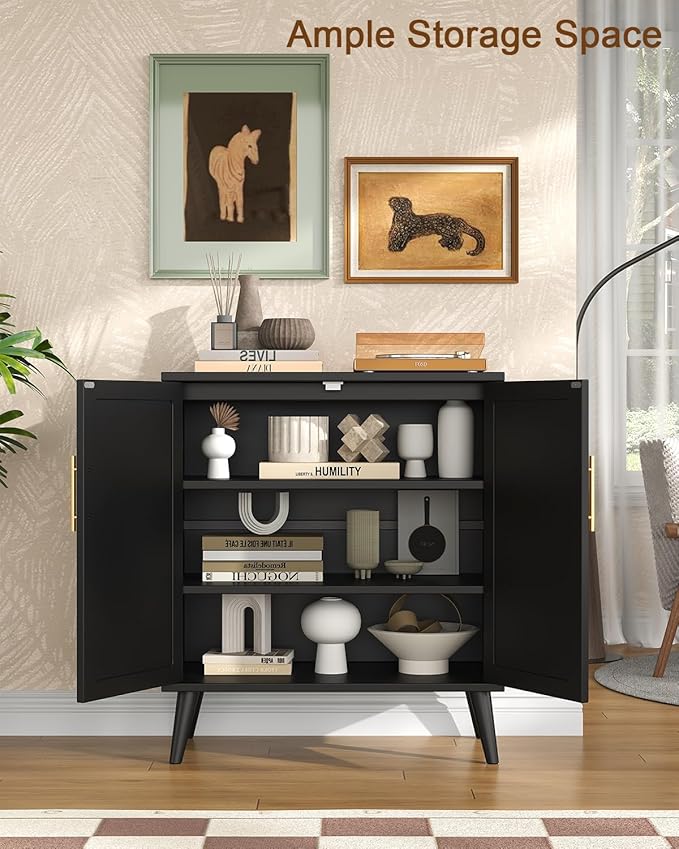 Rovaurx Rattan Storage Cabinet with Doors, Accent Bathroom Floor Cabinet, Modern Sideboard Buffet Cabinet for Living Room, Entryway, Dining Room and Kitchen, Black and Natural BMGZ108BM