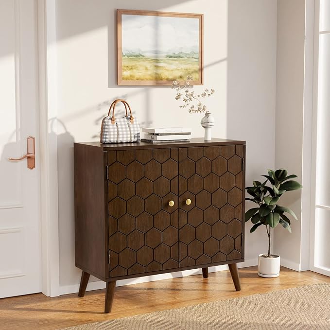 COSIEST Set of 2 32" Storage Sideboards with Doors, Accent Cabinets with Magnetic Push-to-Open Doors, Brown Honeycomb Pattern, Entryway Console for Living Room, Kitchen, Hallway
