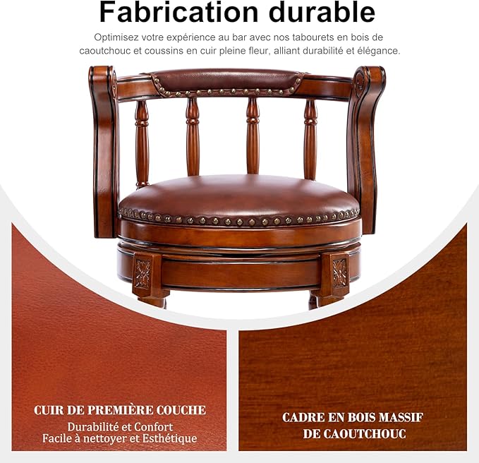 Cow top Leather Wooden Bar Stools, 360 Degree Swivel Bar Height Chair with Backs for Home Kitchen Counter, Morden Chair Barstools (Brown 1pc, Counter Height-Seat Height 26”)