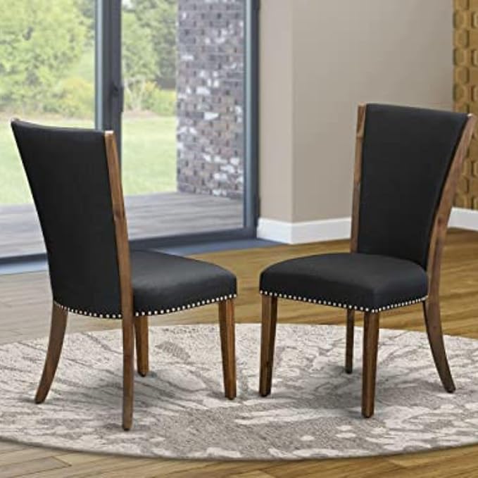 East West Furniture VEP8T24 Verona Parson Dining Chairs - Nailhead Trim Black Color Linen Fabric Upholstered Chairs, Set of 2, Walnut