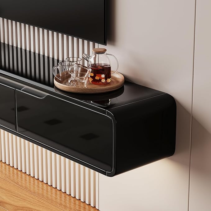 High Gloss Floating TV Stand with 3 Doors,47'' Wall Mounted TV Cabinet,Under TV Console,Floating Media Shelft for Bedroom Living Room(Black)