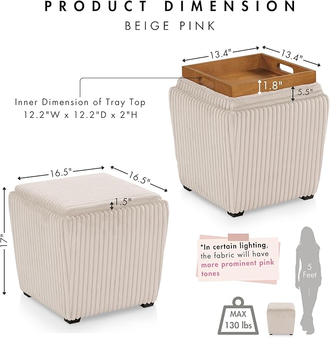 Furniture of America Lennox Modern Chenille 17-inch Square Storage Ottoman with Reversible Tray Top, Upholstered Footstool for Living Room, Bedroom, Entryway, Beige Pink