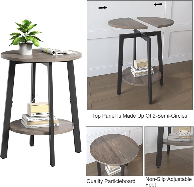 Side Table, Small Round End Table with Storage Shelf for Small Space, 2-Tier Bedside Table Sofa Couch Table, Round Accent Table Nighstands for Living Room, Bedroom, Grey