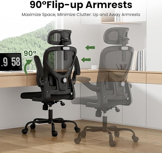 Ergonomic Office Chair, Comfy Home Office Chair High Back Computer Chair with Headrest, Adjustable Back Support, Flip-Up Arms, 90-120° Tilt and Wide Cushion, Up to 300lbs,Black
