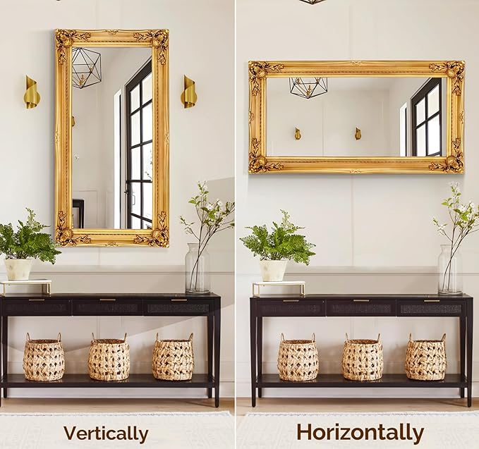Large Decorative Mirrors for Living Room, 49.6''x25.9''Gold Vintage Dining Room Mirror with Ornate Frame, Traditional Baroque Entryway Mirror, Horizontal/Vertical