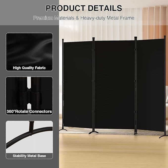 Room Divider 3-Panel Privacy Screen, Portable Screen Steel Frame with Hook&Loop for Home, Office, Classroom, Studio, Meeting (Black