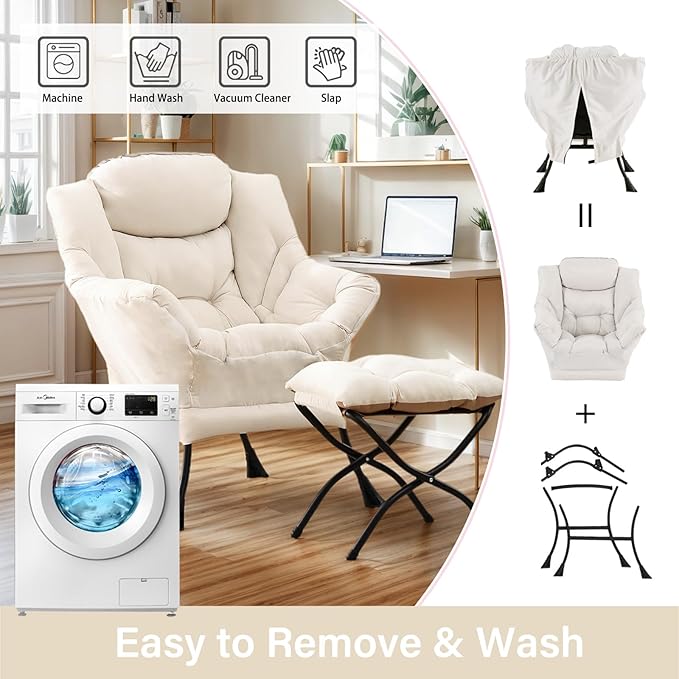Lazy Chair with Ottoman, Large Modern Lounge Accent Chair with Armrests and Footrest, Reading Armchair with Ottoman, Leisure Sofa Chair for Living Room, Bedroom, Dorm Room, Office（Beige）