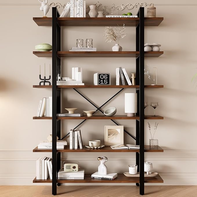 Solid Wood core Industrial Style Bookcase,Bookshelf with 6 Shelves, Walnut Wood and Black Metal Frame, Large Open Storage Display Unit (Dark Walnut, 6 Tiers)