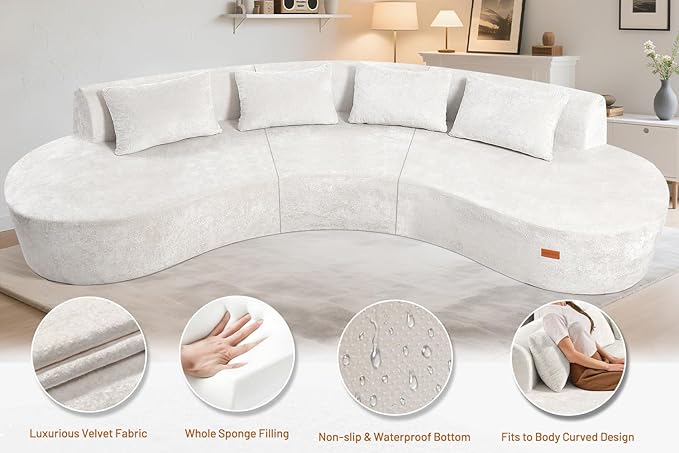 Homguava 130'' Modular Sectional Sofa,Curved Modern Sofa with Memory Foam,Deep Seat Cloud Couch with 4 Pillows,Upholstered Oversized Couches for Living Room Apartment Office,No Assembly Required-Beige