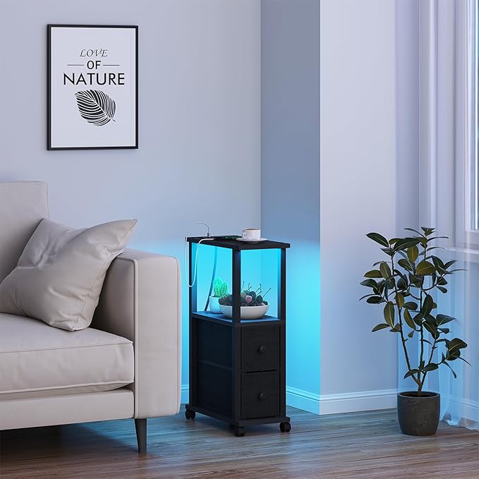 TUTOTAK Small Narrow End Tables, LED Side Tables with 2 Fabric Drawers, Set of 2, Bedside Tables with Charging Station for Small Spaces, Slim Nightstands with USB Ports and Wheels, TB01BK053L